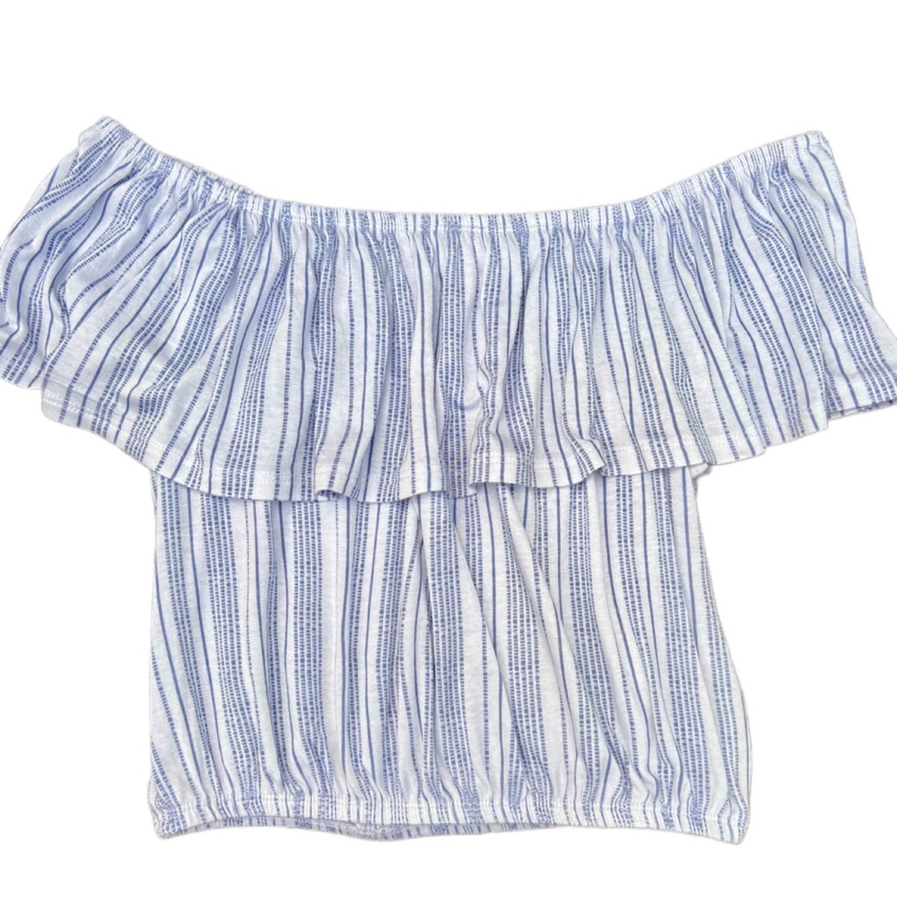 Belle Tweed Off-the-Shoulder Crop Top, White with Blue Stripes, Medium